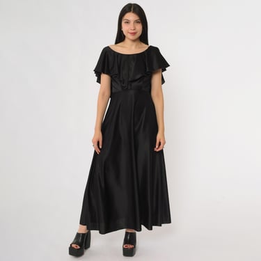 Black Ruffle Maxi Vintage 70s Dress Satin Disco | Shop Exile - Tucson, AZ |  ATTIC