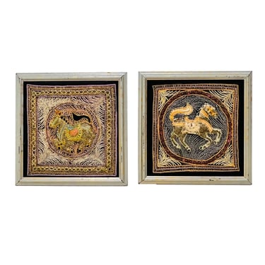 #1522 Pair of Framed Burmese Kalaga Horse Tapestry Panels