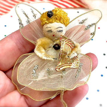 VINTAGE: Old Mercury Beaded Felt Angel Ornament - Spun Cotton Angel - Craft - Made in Japan - Holiday, Christmas, Xmas 