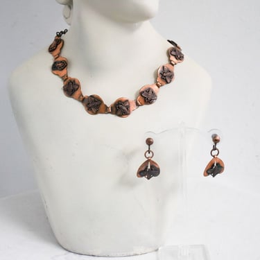 1950s Copper Insect Necklace and Screw Back Earrings Set 