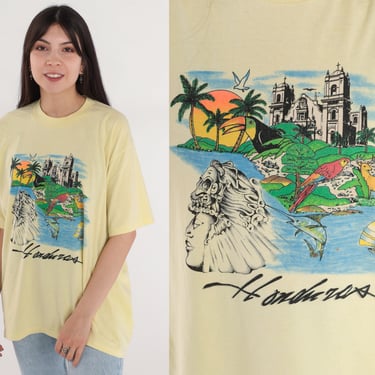 Honduras T-Shirt 80s Central America Shirt Ocean Parrot Palm Tree Toucan Fish Sailboat Graphic Tee Single Stitch Yellow Top Vintage 1980s XL 
