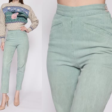 XS 80s Mint Green Corduroy Cigarette Pants 23"-24.5" | Vintage High Waisted Slim Tapered Leg Trousers 