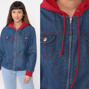 Hooded Jean Jacket 90s Denim Jacket Red Sweatshirt Hood Jean Hoodie Blue Zip Up Hood Utility Streetwear 1990s Vintage Medium 