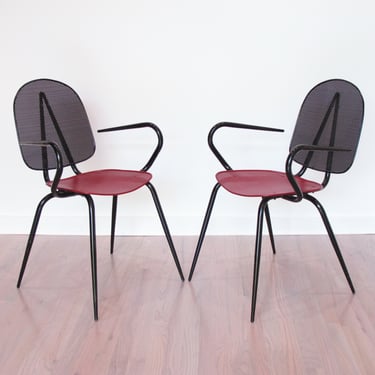 Mathieu Mategot Style Black Red Metal Chair Armchair, a pair