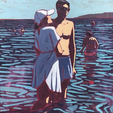 Woman and Man in Ocean #3 - Original Acrylic Painting on Canvas 30 x 40- people, waves, bathing, fine art, water, large, michael van, summer 