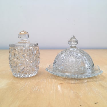 Vintage Crystal Lidded Butter Dish and Sugar / Salt Cellar, Coordinating Set of Heavy Clear Cut Glass Serving Dishes with Star Pattern 