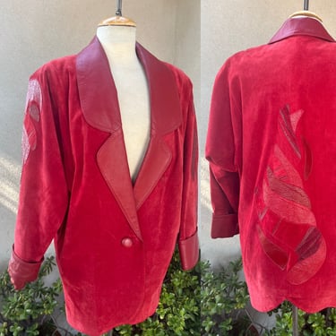 Vintage 80s reds suede jacket big shoulders pockets textured leather details Sz S/M Avanti 