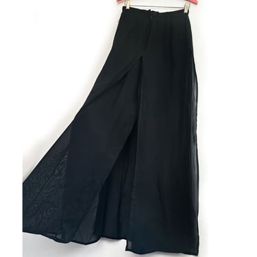 New Tadashi CAR WASH PANTS Vintage 1980's Black Chiffon Sheer Rayon Flaps Wide Leg Flowy Long Palazzo Dress Pants Divided Skirt Tags, Size 6 