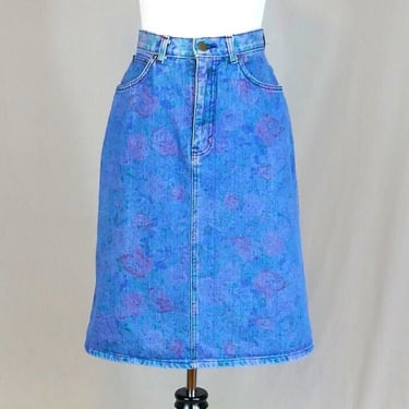 80s Faded Floral Jean Skirt - 25" waist - Blue Cotton Denim - Cristina's - Vintage 1980s - XS S 