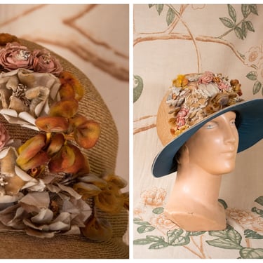 1920s Hat - Gorgeous Early 20s Brimmed Cloche, Summer Hat in Fine Woven Straw with Blue Silk and Floral Assemblage 