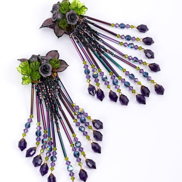 Sculpted Rose and Bead Fringe Earrings