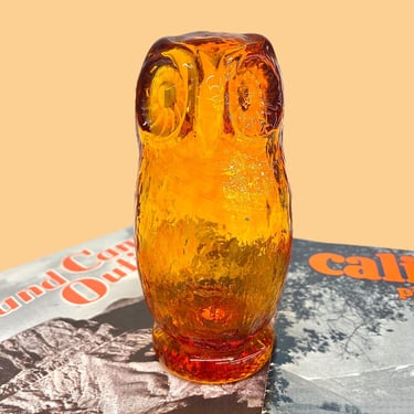 Vintage Owl Paperweight Retro 1970s Mid Century Modern + Pilgrim Glass + Amber/Orange + Office or Desk Decor + Bird Figurine + Decoration 