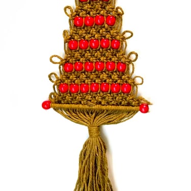 Vintage Macrame Christmas Tree Wall Hanging Red Wooden Beads Handmade | 34”X 11.5” 