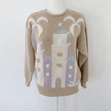 80s Novelty Knit Pullover Sweater Buildings Palm Trees Pastel Ramie Cotton Angora | Medium/Large/Extra Large 