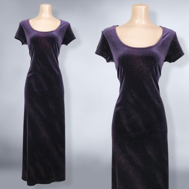 VINTAGE 90s Purple Velvet Glitter Sparkle Maxi Dress 11/12 | 1990s Sexy Formal Stretch Prom Gown | 90's Party Dress | vfg 