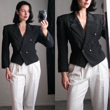 Vintage 80s UNGARO Black & Ivory Windowpane Cropped Double Breasted Bolero Blazer | 100% Wool | 1980s UNGARO Designer Power Peplum Jacket 