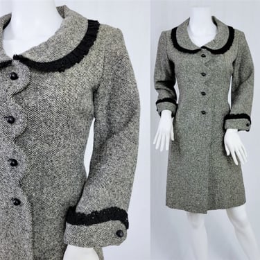 Scalloped Edge 1960's Black and White Wool Fitted Dolly Coat I Jacket I Sz Med 