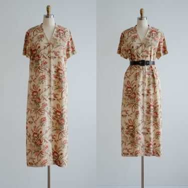 linen midi dress 90s vintage Talbot's beige pink floral butterfly oversized dress 