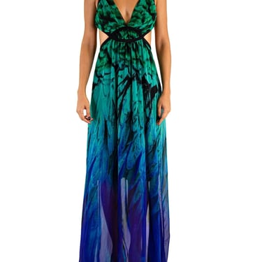 1990S Roberto Cavalli Blue  Green Backless Polyester Chiffon Gown 