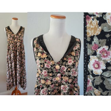 Vintage 90s Floral Dress Rayon Midi Button Up Romantic Cottagecore Bohemian Sundress by Express Size Medium Large 