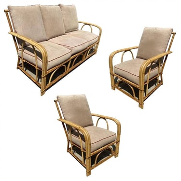 Restored "1949er" Rattan Sofa & Lounge Chairs Livingroom Set by Heywood Wakefield 