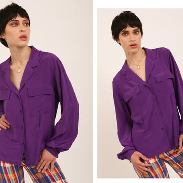 Vintage 1980s 80s Christian Dior Designer Bright Purple Floaty Light Button Up Blouse 