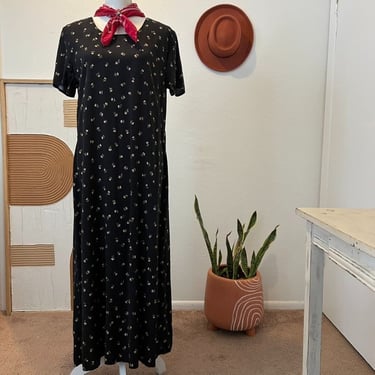 Vintage 90s Black Neutral Floral Printed Short Sleeve Rayon Maxi Dress 