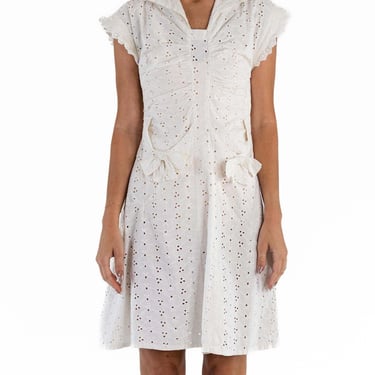 1930S White Cotton Eyelet Lace Cute Little Dress With Bow Pockets 