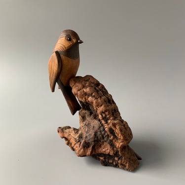 Vintage Carved Wooden Bird Perched on Driftwood Terrarium Houseplant Decoration 