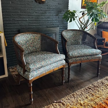 Vintage Hollywood Regency Canning and Floral Barrel Chairs 