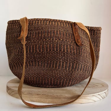 Handwoven Sisal Moody Fall Colors Genuine Leather Double Strap Tote Shopper Bag 