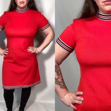 Vintage 60s Mod Red White And Blue Polyester A Line Dress Size L 