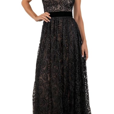 1990s Black Metallic Embroidered Nylon Lace One Shoulder Ball Gown 