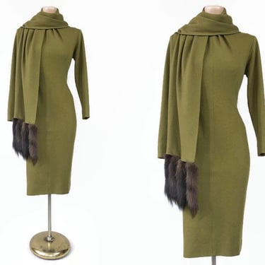 VINTAGE 1960s Lilli Diamond Olive Green Wool Wiggle Dress With Fur Tail Wrap | 60s Hollywood Bombshell Dress | VFG 