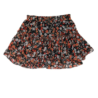 MISA Los Angeles - Black w/ Red, Green, & White Floral Print Ruffled Mini Skirt Sz M