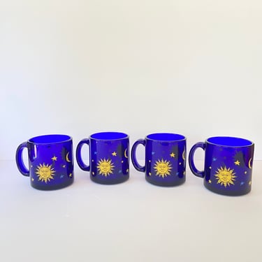Vintage Zodiac cobalt blue mugs / Vintage Pair Libbey Cobalt Blue Glass Celestial Sun Moon Stars Mugs/ Pair of Mugs / Friends Mug/ USA 