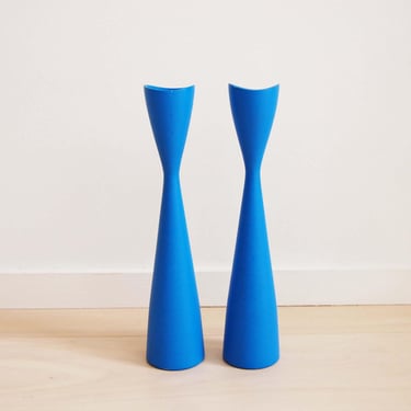 Pair of Scandinavian Modern Wooden Tulip Tapered Candlestick Holders Light Blue 