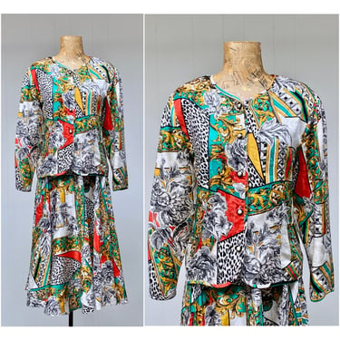 Vintage 1980s Diane Freis Silk Jacquard Suit, Animal/Floral Print Jacket and Matching Bias Cut Circle Skirt Set, Large to X-Large 