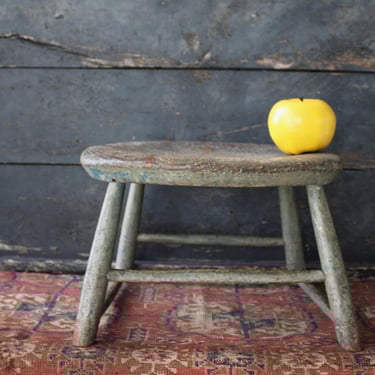 Antique 19th c. Rustic Primitive Windsor Foot Stool in old Gray Blue Paint 