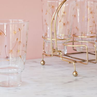 Golden Windblown Dandelion Wisp Glasses with Carrier Caddy, Set of Six, Whimsical Glassware Gift, Vintage Wedding Gift, Summer Serving Set 