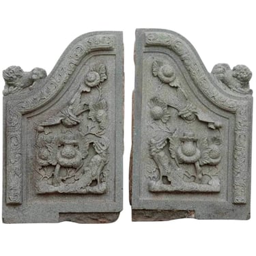 1890's Antique Pair of Chinese Qing Carved Green Stone Architectural Building Facade Carvings 