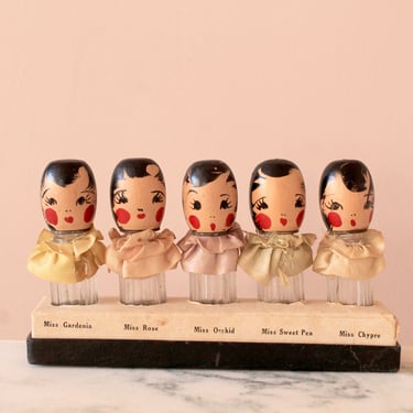 1920s Perfume Bottles / Painted Wooden Flapper Doll Display Set / 5 Bottles in All 
