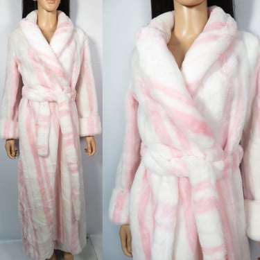 Vintage 70s/80s Ultra Plush Cotton Candy Pink Striped Full Length Robe Made In USA Size S 