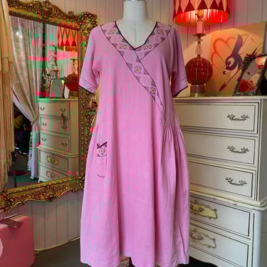 vintage 1920s embroidered dress pink cotton drop waist house loungewear large 