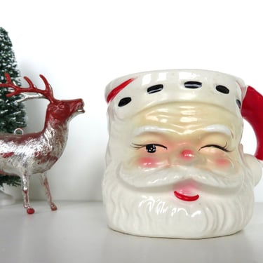 Excellent 1950s Santa Winking Christmas Mug From Japan, Small Mid Century Modern Kitsch Holiday Cup 