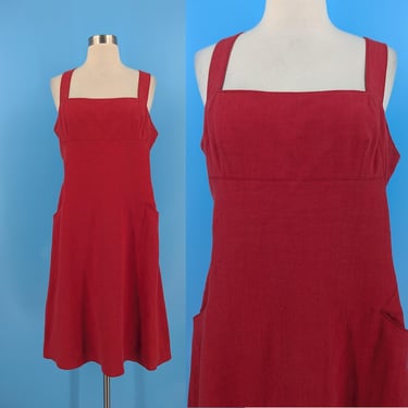 Vintage 90s Magaschoni Collection 10 Medium Red Linen Square Neckline Empire Waist Dress 