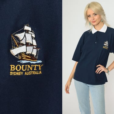 Bounty Cruises Australia Polo Shirt 90s Sydney Sailboat Shirt Vintage Navy Blue Retro Shirt Graphic Print 1990s White Collar Medium 