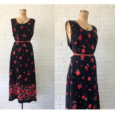 1990's Black and Red Rose Sleeveless Dress 
