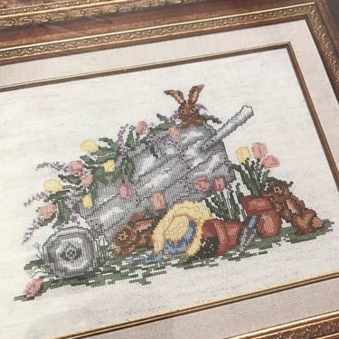 Wheelbarrow, Rabbit, Garden, Flowers Cross Stitch Kit Heirloom Treasure New 9X12 