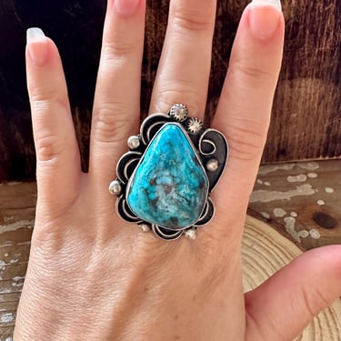 CHUNKY STONE Sterling Silver & Turquoise Ring | Chimney Butte Turquoise Stone Ring | Native American Navajo Southwestern | Size 8 1/2 